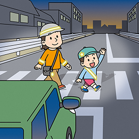 歩行者が夜光反射材をつけており、運転者が歩行者の存在に気づく様子