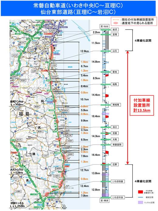 常磐自動車道(いわき中央インターチェンジ～亘理インターチェンジ) 仙台東部道路(亘理インターチェンジ～岩沼インターチェンジ)の地図