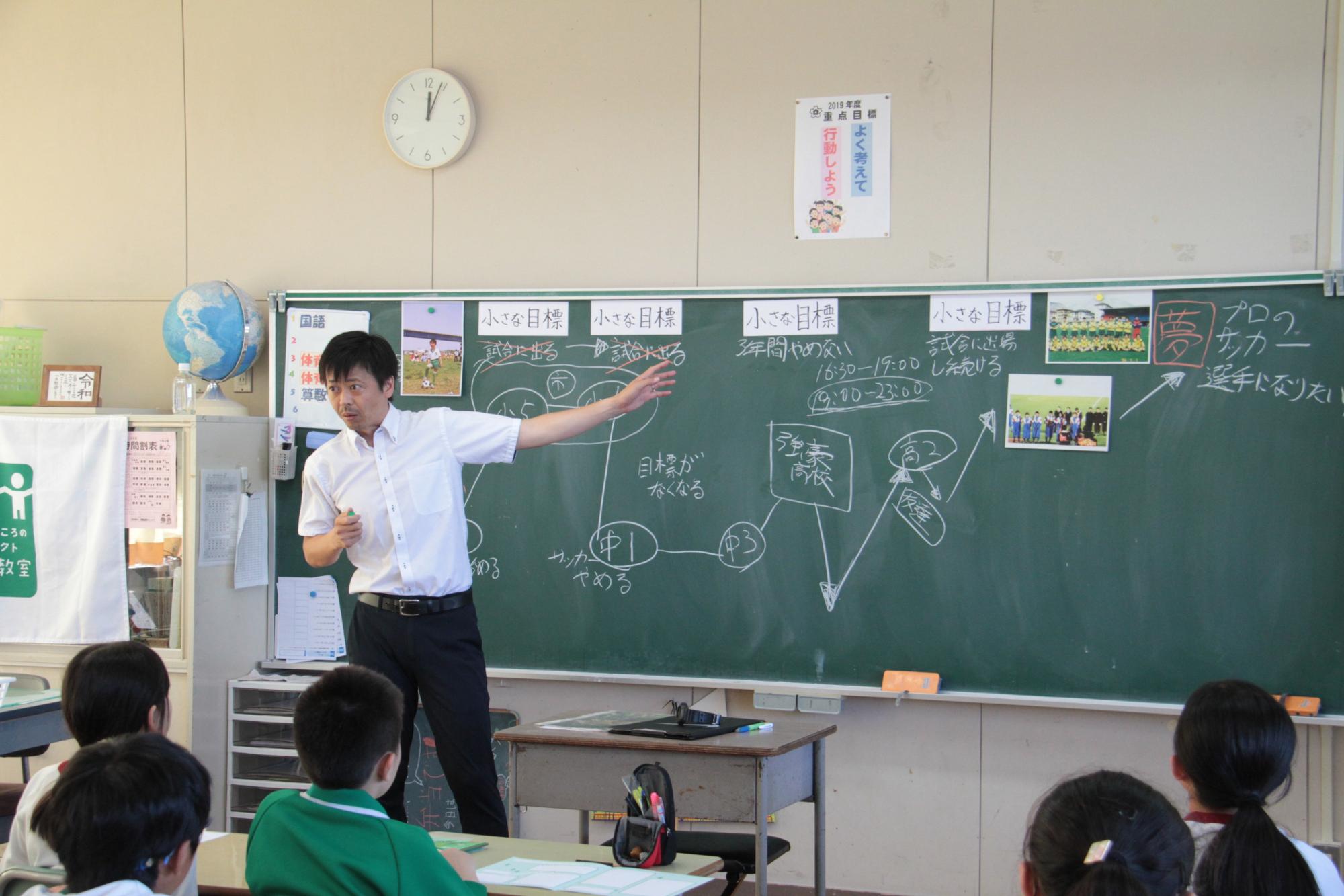 夢トークの時間で児童らに授業を行っている佐藤陽彦先生